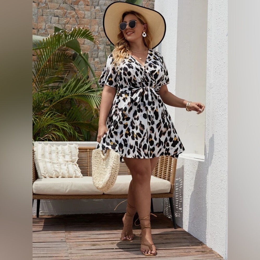 SHEIN Plus Allover Print Self Tie A-line Dress in Animal Print Leopard 0XL 12